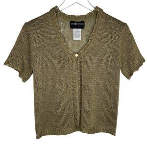 VTG Sag Harbor Green Short Sleeve Open Knit Cottagecore Boho Cardigan PXS